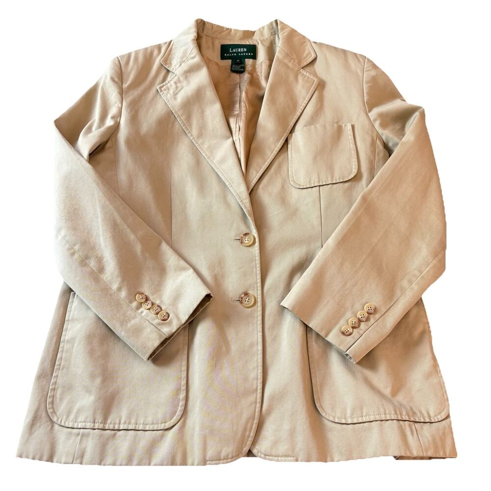 Vtg Lauren Ralph Lauren Women’s Blazer Size 16 Tan Khaki Safari Pockets Button